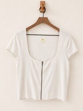 Maeve by Anthropologie White Zip Front Ribbed Top XL